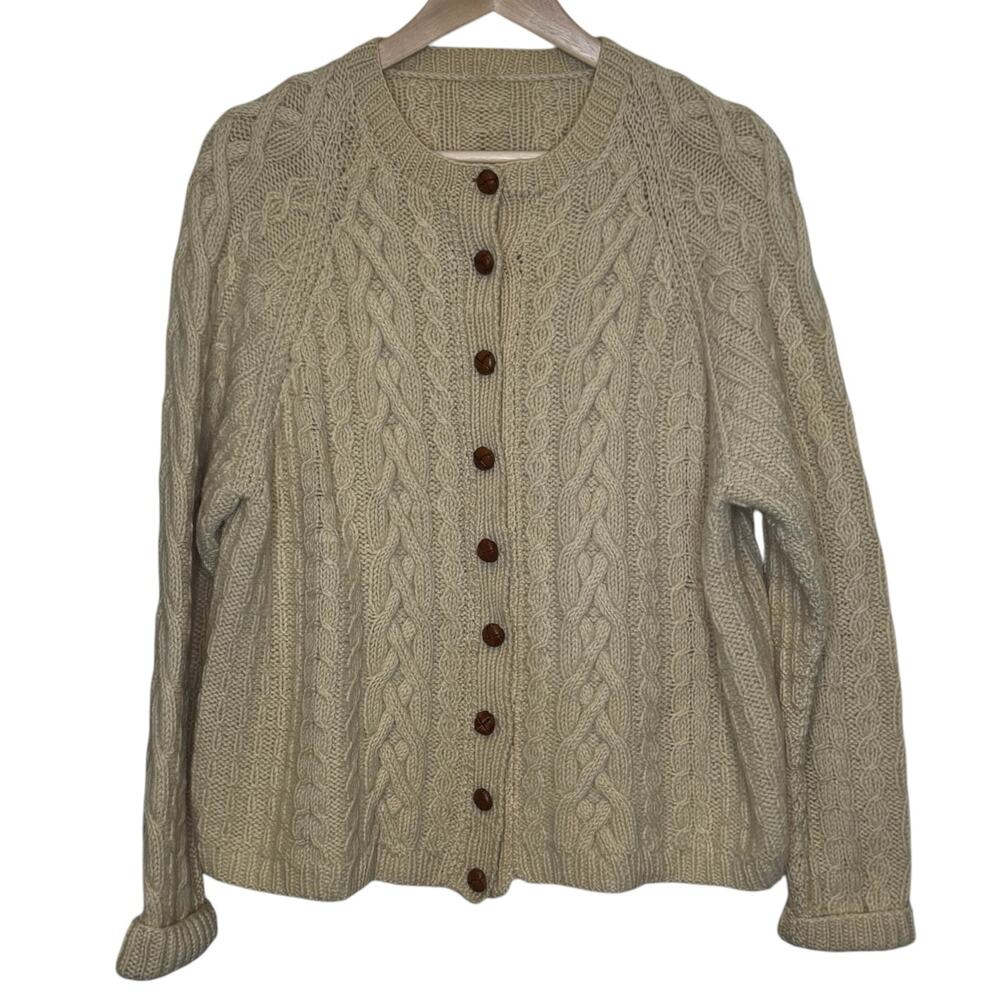 Irish Knit Wool Cable Knit Leather Buttons Cardigan Sweater Vintage
